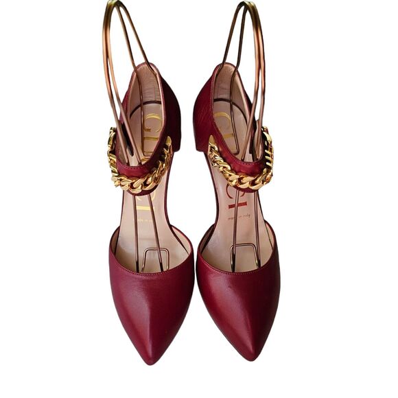 Gucci Malaga Kid Sylvie Gold Chain Pumps Heels Size 37 US 7 Burgundy Red Pointed - Picture 6 of 12